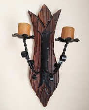 60s 70s Vintage Candle Sconce Wall Holder Wood Wrought Iron Medieval Spanish  