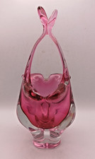 Vintage Glass Czech Chribska Pink Cranberry Coloured Basket 1970s MCM