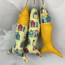 3 Beach hut hanging fabric fishes button eyes and twine loop Handmade in Sussex