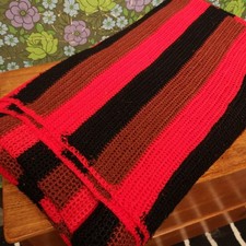 Bright Red Black Brown Stripy Knitted Double Bedspread Blanket