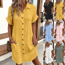 UK Women's Ladies Loose Short Sleeve Shirt Dress Button Casual Dresses Plus Size