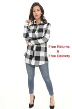 Womens Long Sleeve Plaid Flannel Shirt Black & White Check Plus Size Shirts Tops