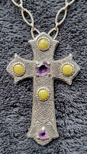 Large Scottish Stg Silver Amethyst & Iona Marble Cross Pendant & Chain h/m 1972