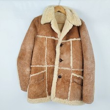 Vintage 70s Mens Real Shearling Sheepskin Suede Distressed Pattern Coat Jacket