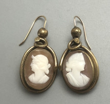 Victorian Gilt Metal Cameo Hook Earrings c1880 GLZX