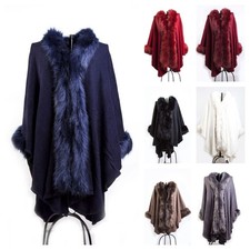 Women Faux Fur Poncho Fleece Faux Fur Trim Collar & Cuffs Ladies Cape Wrap Coat