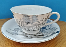 Chinese Cup and Saucer Silver hand painted on white