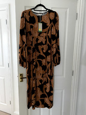 BNWT Boden Size 14 R Crew Neck Knot Detail Jersey Dress, Butterscotch Paisley