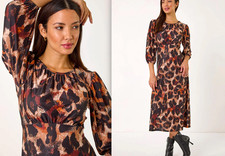 Roman Originals Ladies Brown Animal Print Leopard Gathered Stretch Midi Dress