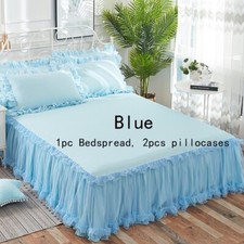 3PCS Bed Throw Set Bedspread Pillowcase with Skirt Lace Ruffle Pillow Cover Home