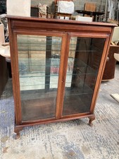 Vintage Wooden Glass Door & Shelves Mirror Back Display Cabinet Queen Anne Legs