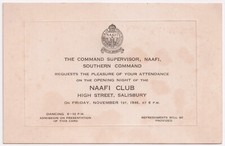 WW2 Era NAAFI Club Salisbury Opening Night Invitation Southern Command 1946