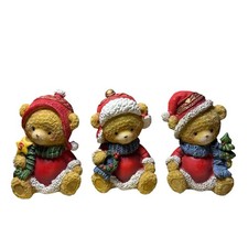 Christmas Teddy Ornament x3 Figurines Red Teddy Decoration Set Resin Festive