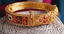 Indian Pakistani Gold Metal Enamel Hinged Bangle Glass Stones & Screw Fastening