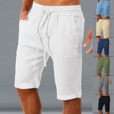 Men Cotton Linen Cargo Shorts Chino Summer Beach Casual Half Pants Size 36-44