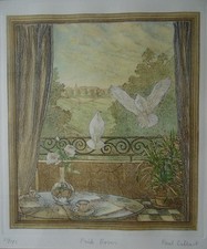 Pink Roses and White Doves. Paul Gilbert Original Hand Coloured LE Etching