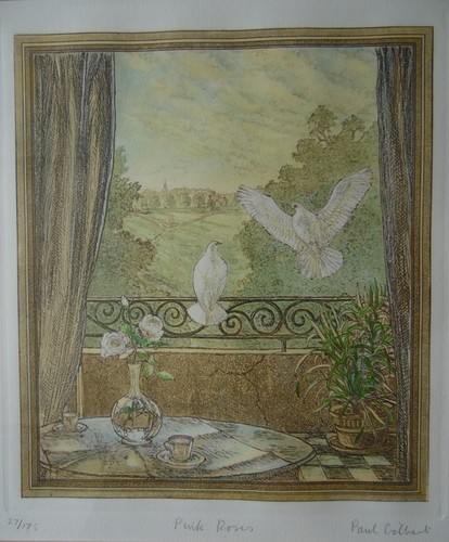 Pink roses and white - and, doves