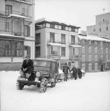 Snow removal in Davos jeep towing sledges filled with snow 1951 Old Photo 1