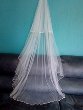 white wedding veil 2 tier chapel length corded edge V626