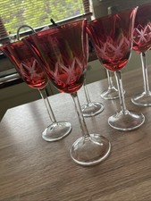 6 Laura Ashley Red Etched Wine Glasses Hand Made  Lustre Finish Christmas NWT