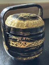 Antique / Vintage Chinese Wedding Basket Hand Painted Black & Gold Lacquered