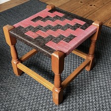 Vintage Wooden And Twine Woven Small Stool Footstool 1960s Pink And Grey
