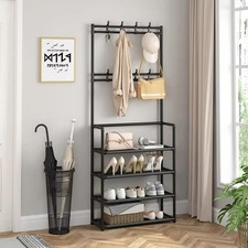 Metal Coat Hanging Rack with Shoe Storage Shelf Clothes Rack Hat Stand 8 Hooks