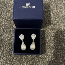 Swarovski Crystal Faux Pearl Teardrop Earrings Rhodium Plated VGC Box Christmas 