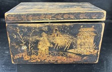 Antique Chinese Tea Caddy With Oriental Chinoiserie Decor & Ornate Handles