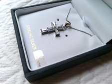 STELLA PICCIOTTO STERLING SILVER CROSS NECKLACE FAUX DIAMONDS 18" LENGTH SPARKLE