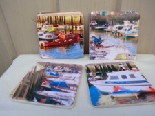 BOATING SQUARE CERAMIC TABLE COASTERS X 4 PADDED BAIZE BACKING 3 7/8 " VGC .