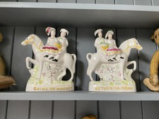 ANTIQUE FLAT BACK STAFFORDSHIRE HORSES X2 VGC RUSTIC COUNTRY SHABBY CHIC