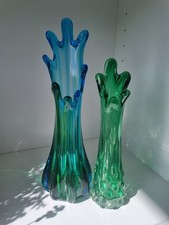 2 Retro Glass Stretch Finger Vases Murano? 2 Tone Green Blue & Bobbly Design