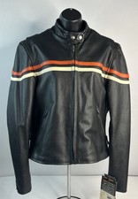 Womens M Interstate Leather Black Orange Striped Motorcycle Racing Jacket Riding
