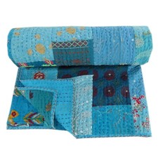 Vintage Patchwork Kantha  Embroidery Twin Size Blanket Throw Bedspread 60"x90"