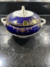 Waring And Gillow Antique Blue And Gold Handled And Lidded  Dish