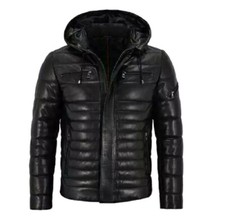 Men's Real Leather 100% Softskin Jacket Puffer Hooded Black Fully Quilted Jacket
