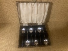 Antique Vintage Silver Plated Set Of Six Coffee Bean Spoons In Original Box