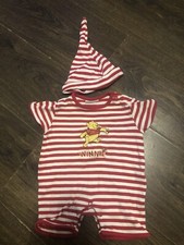 Disney Store Striped Red and White Winnie the Pooh Baby Grow 0-3 months with Hat