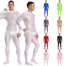 UK Men Glossy Full Bodysuit Long Sleeve One Piece Sheer Unitard Jumpsuits Romper