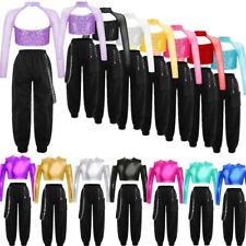 UK Girls Hip Hop Street Modern Dance Costumes Long Sleeve Crop Tops w/Trousers