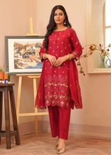 Red Embroidered Salwar Kameez 3 Pc Cotton Stitched Suit Casual Party Wear Asian