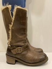 CAT CATERPILLAR Tan Fur Lined Brown Leather Biker Boots Size Uk4 EU37