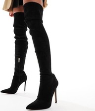 Black Faux Suede Over Knee Stiletto High Heel Pointed Toe Thigh Boots, UK10 EU43