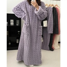 Women Ladies Winter Extra Long Crew Neck Dressing Gown Fleece Warm Pyjamas Soft