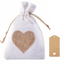 5Pcs Jute Hessian Bags Wedding Favor Small Jute Gift Bag White Natural Heart