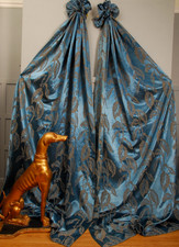 Dramatic Vintage Fabric Curtains Teal Brocade Satin Damask, 1940's 1950's 94"D