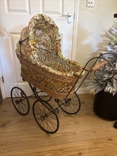 Vintage Wicker Woven Metal Baby Dolls Pram Wood Floral Bouncy 