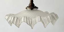 Vintage French frosted glass frilly coolie light shade smooth & brass fittings