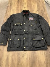 Mens black Barbour International Union Jack Waxed Jacket. Size Medium, Belted